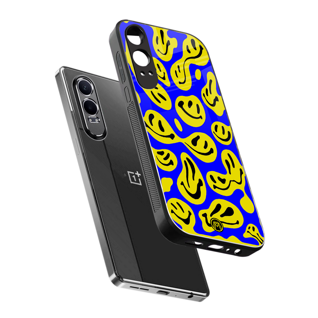 acid smiles yellow blue back phone cover | glass case for oneplus nord ce 4 lite