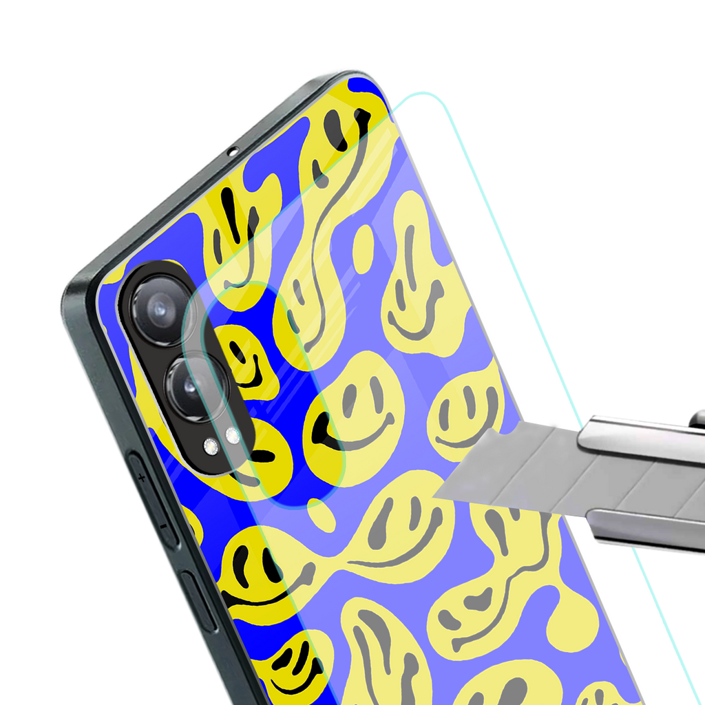 acid smiles yellow blue back phone cover | glass case for oneplus nord ce 4 lite