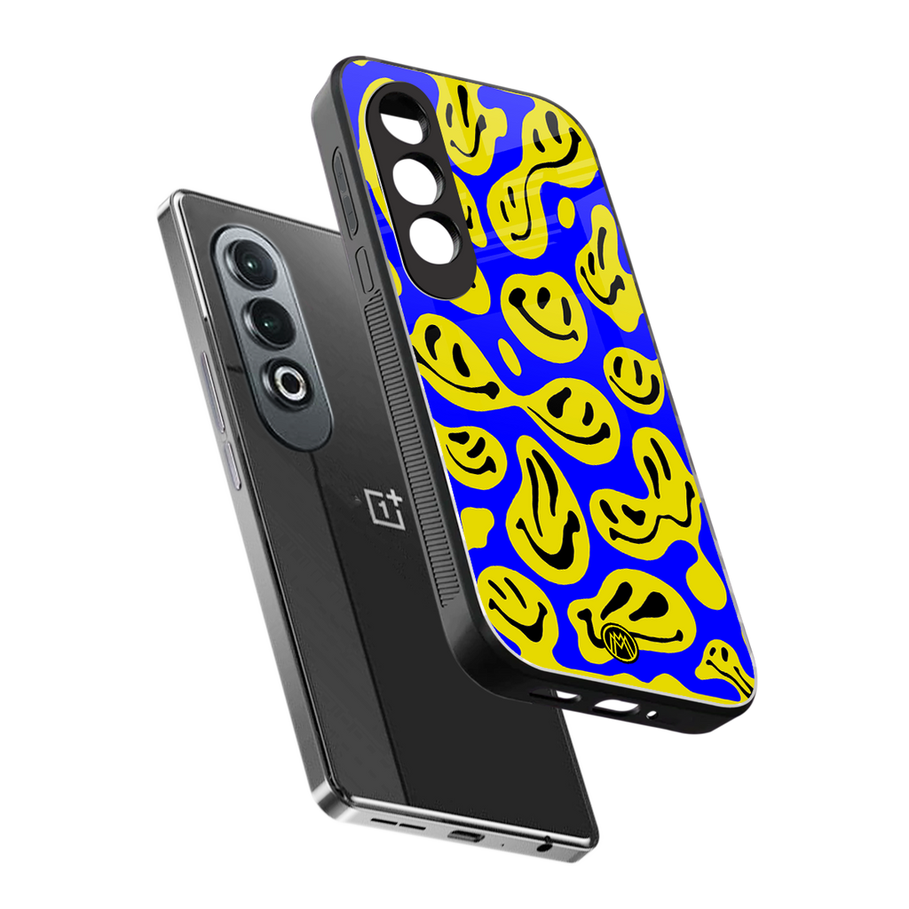 acid smiles yellow blue back phone cover | glass case for oneplus nord ce 4