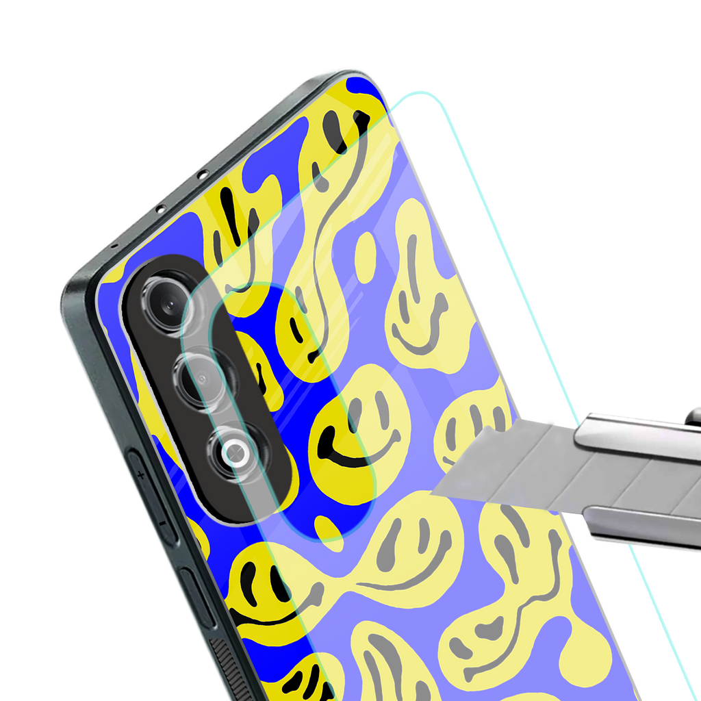 acid smiles yellow blue back phone cover | glass case for oneplus nord ce 4