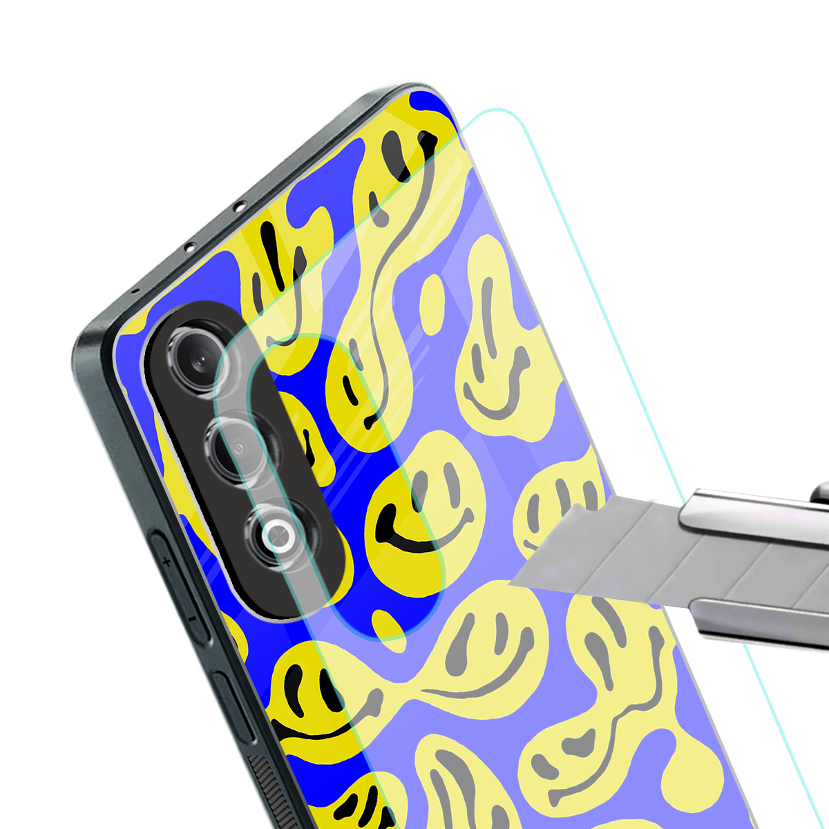 acid smiles yellow blue back phone cover | glass case for oneplus nord ce 4