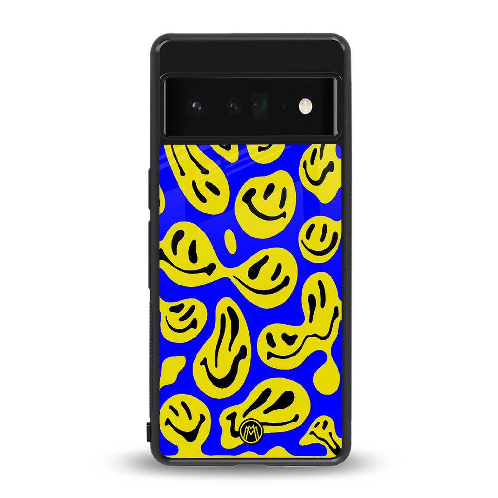 acid smiles yellow blue back phone cover | glass case for google pixel 6 pro
