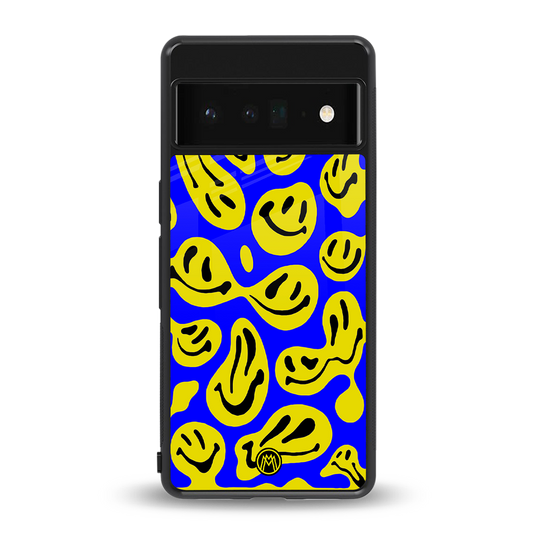 acid smiles yellow blue back phone cover | glass case for google pixel 6 pro