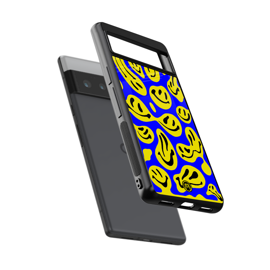 acid smiles yellow blue back phone cover | glass case for google pixel 6 pro
