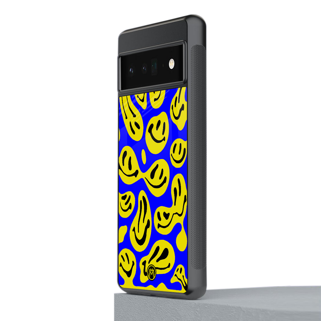 acid smiles yellow blue back phone cover | glass case for google pixel 6 pro