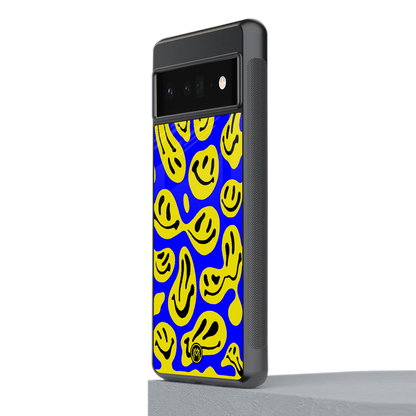 acid smiles yellow blue back phone cover | glass case for google pixel 6 pro