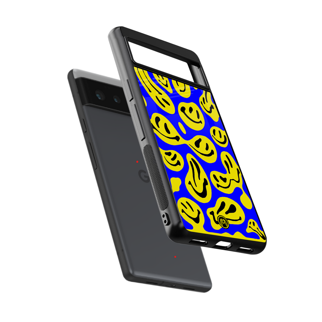 acid smiles yellow blue back phone cover | glass case for Google Pixel 6A