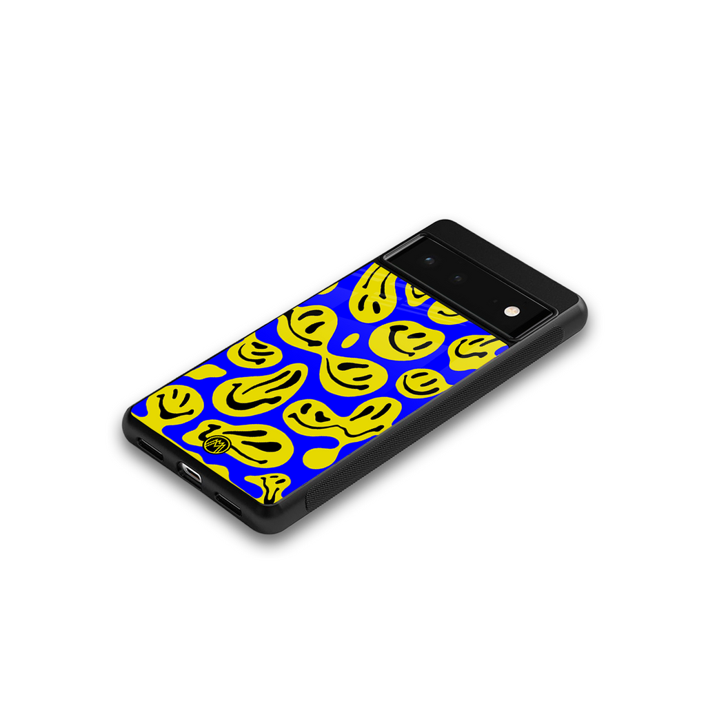 acid smiles yellow blue back phone cover | glass case for google pixel 6