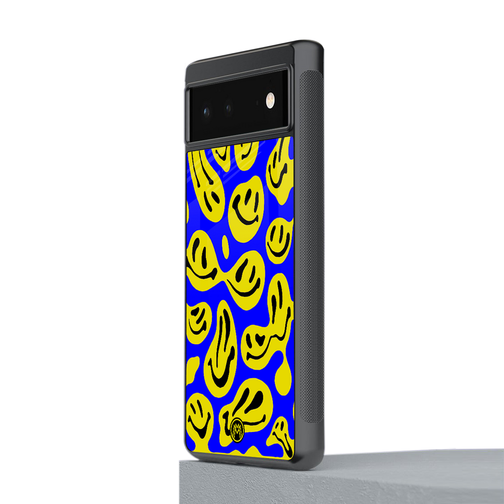 acid smiles yellow blue back phone cover | glass case for google pixel 6