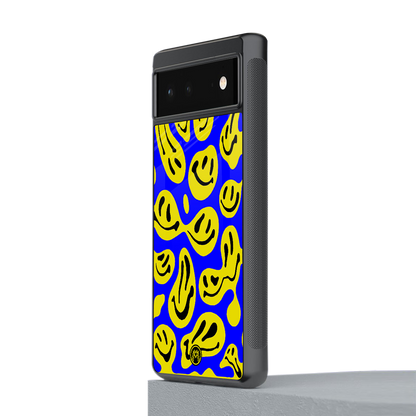 acid smiles yellow blue back phone cover | glass case for google pixel 6