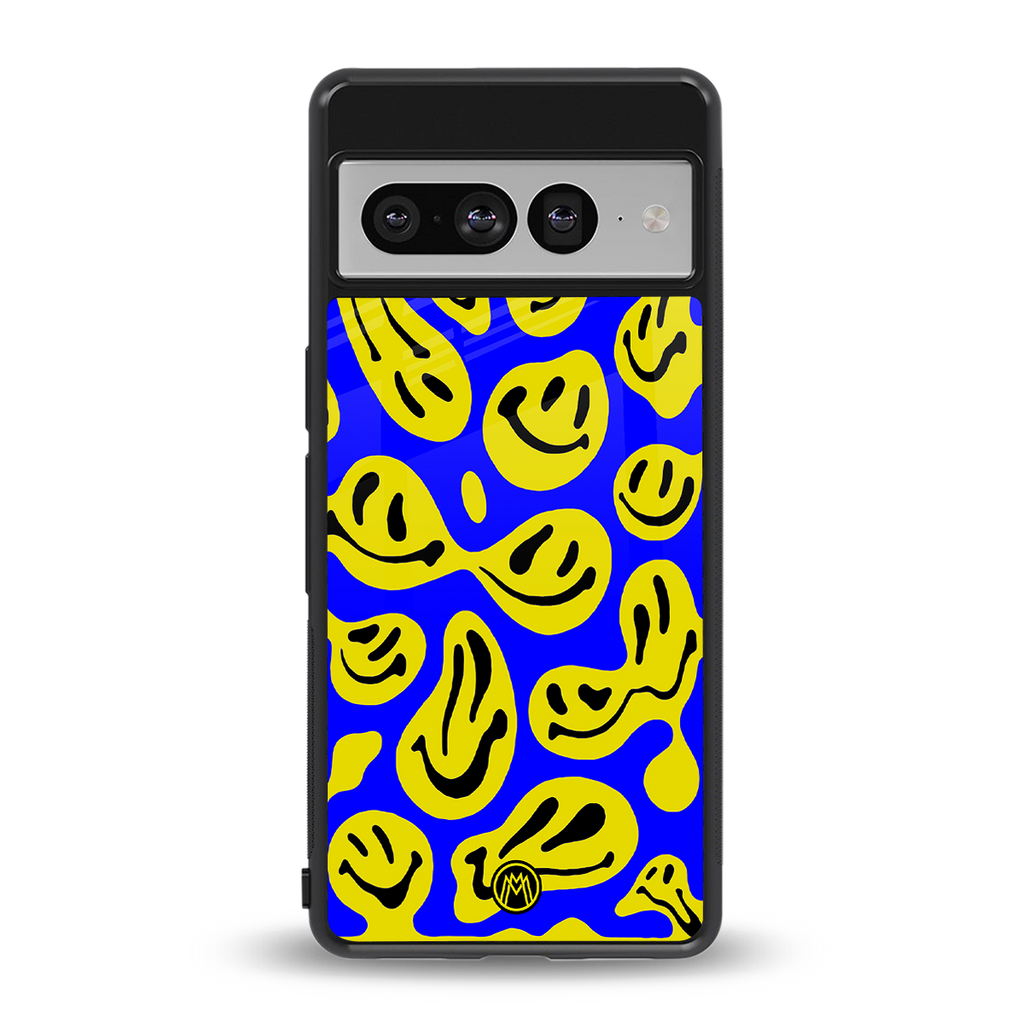 acid smiles yellow blue back phone cover | glass case for google pixel 7 pro