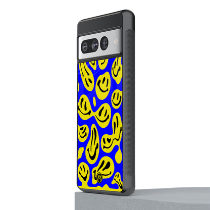 acid smiles yellow blue back phone cover | glass case for google pixel 7 pro