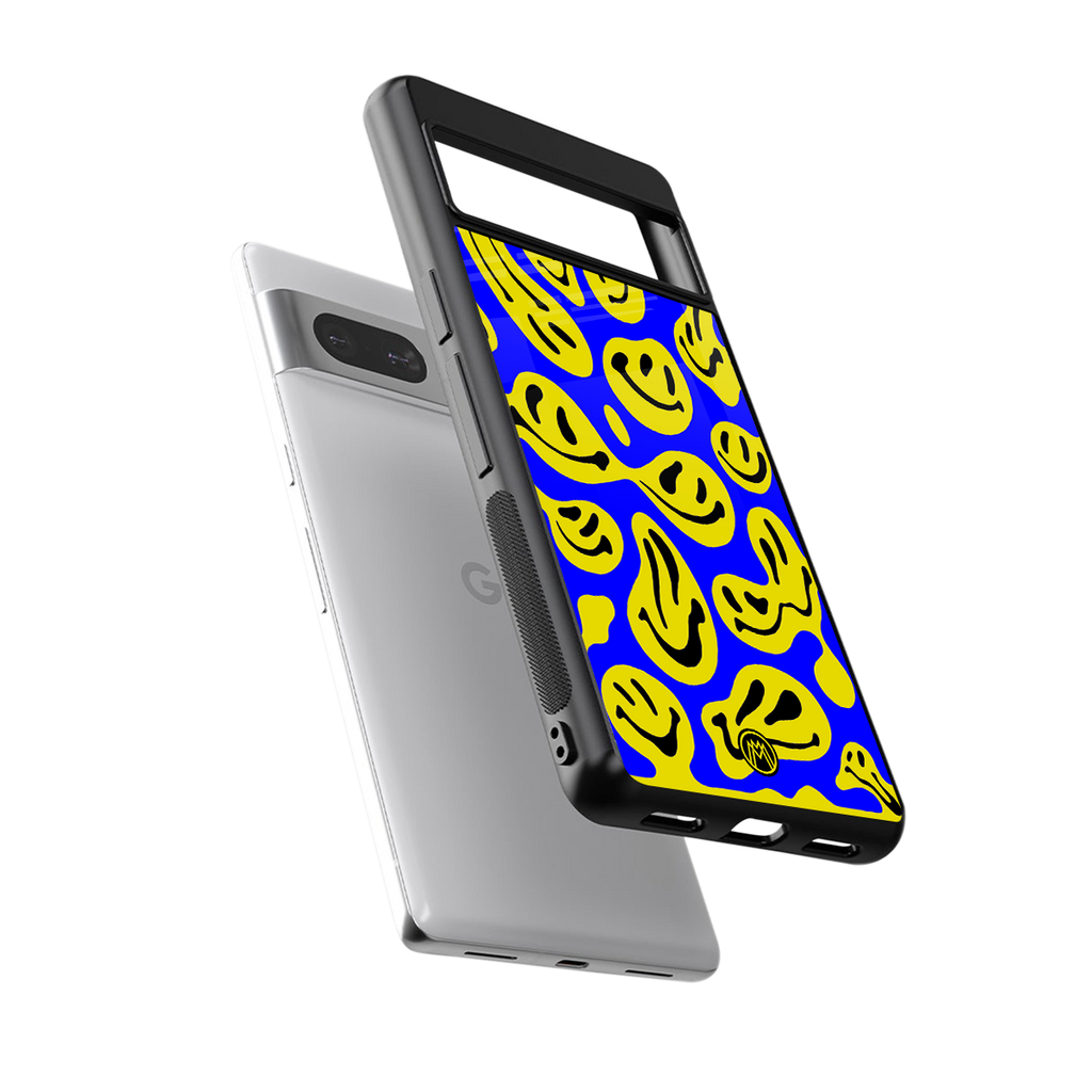 acid smiles yellow blue back phone cover | glass case for Google Pixel 7