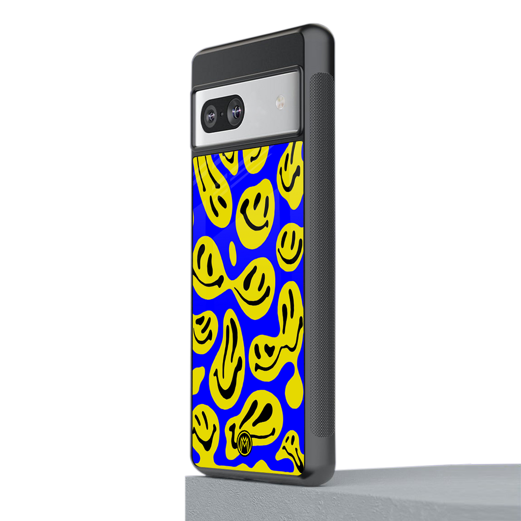 acid smiles yellow blue back phone cover | glass case for Google Pixel 7