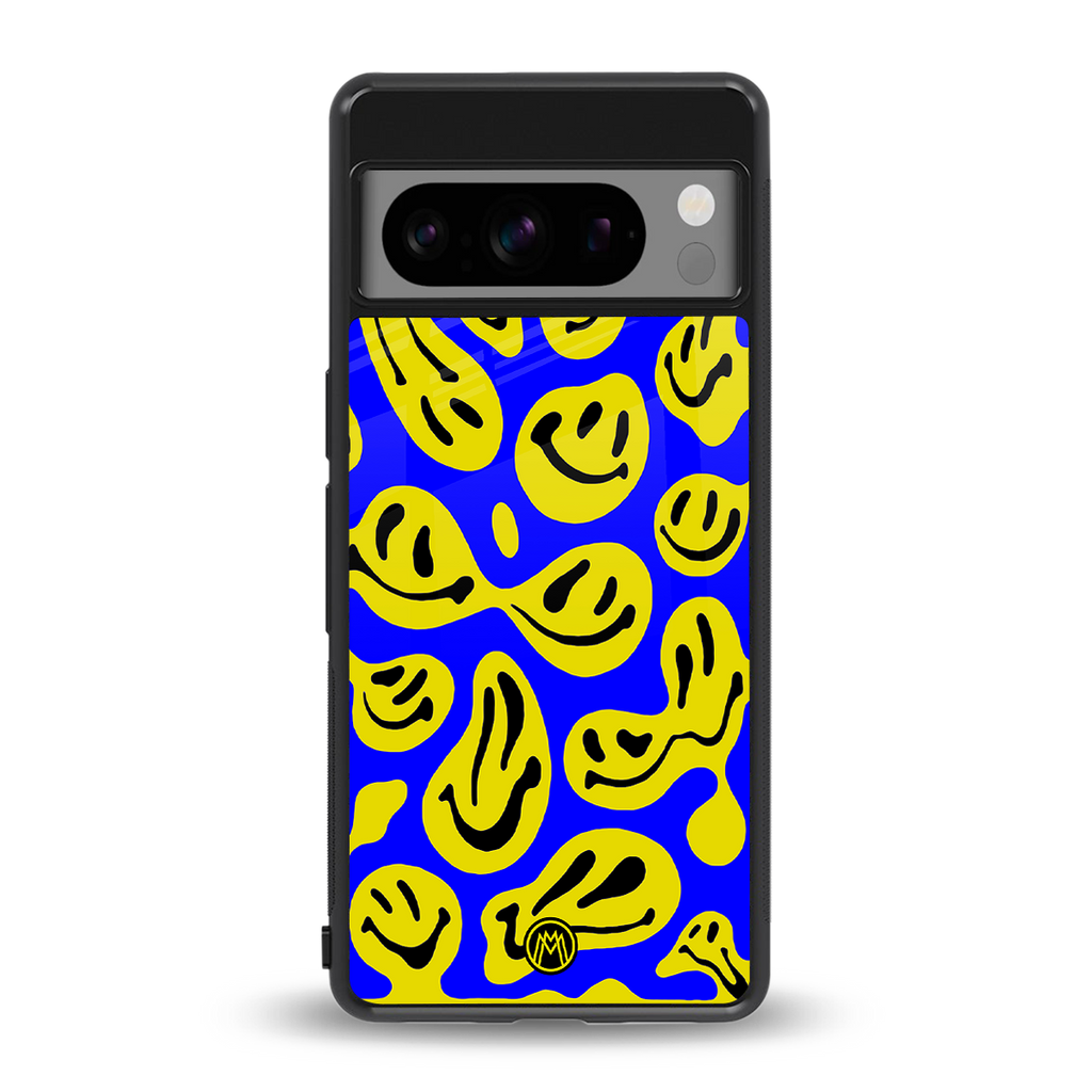 acid smiles yellow blue back phone cover | glass case for google pixel 8 pro