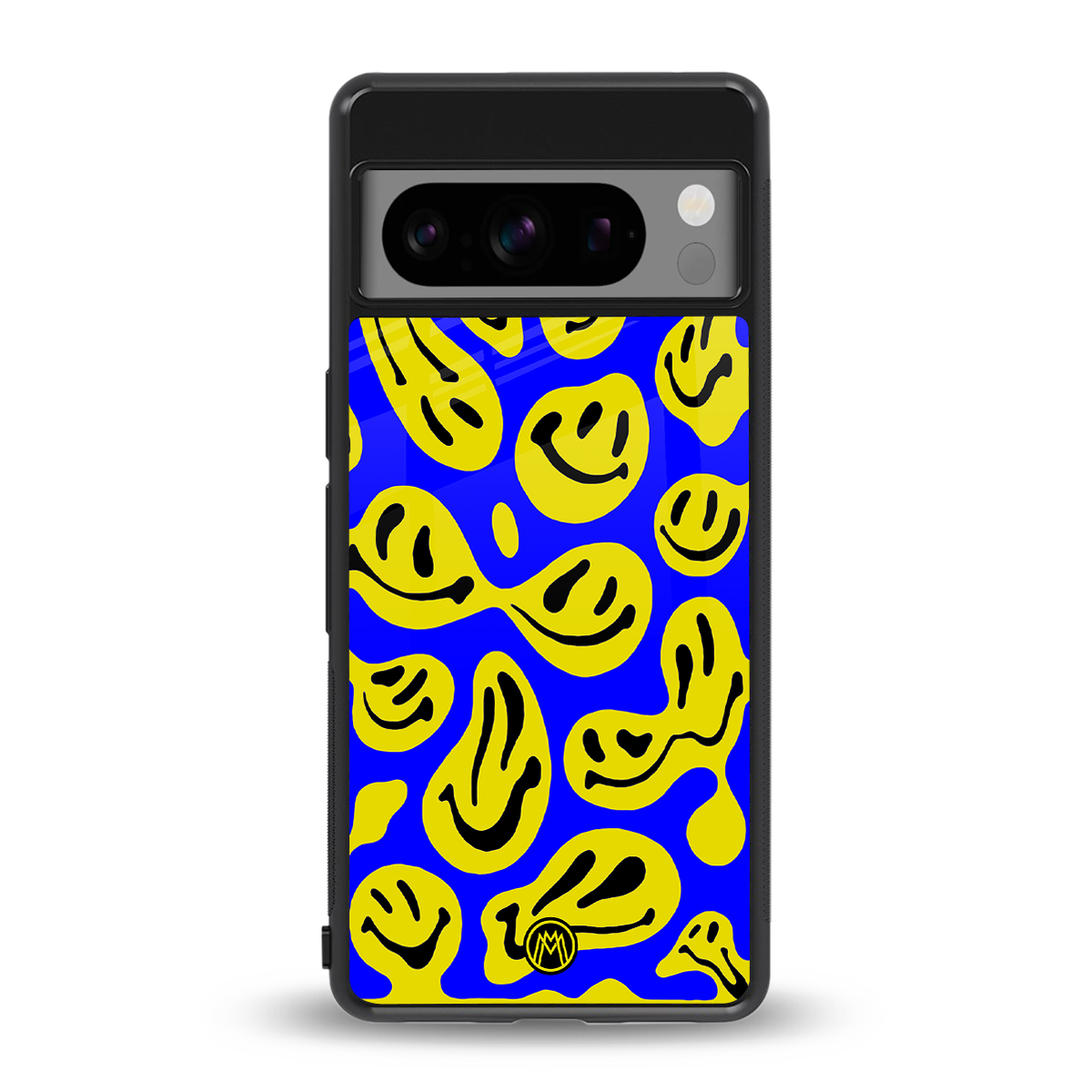 acid smiles yellow blue back phone cover | glass case for google pixel 8 pro