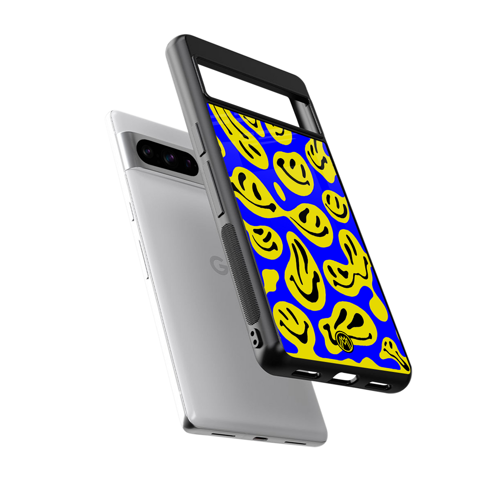 acid smiles yellow blue back phone cover | glass case for google pixel 8 pro