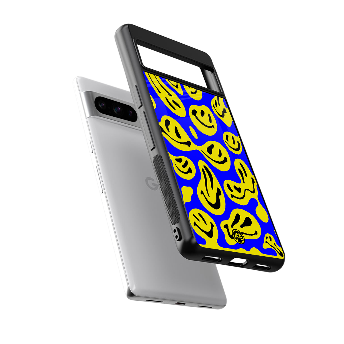 acid smiles yellow blue back phone cover | glass case for google pixel 8 pro
