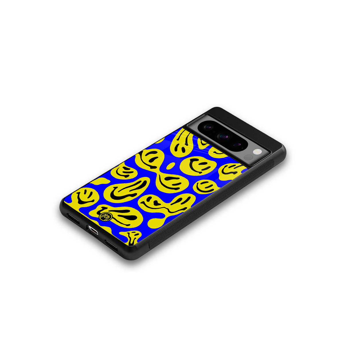 acid smiles yellow blue back phone cover | glass case for google pixel 8 pro