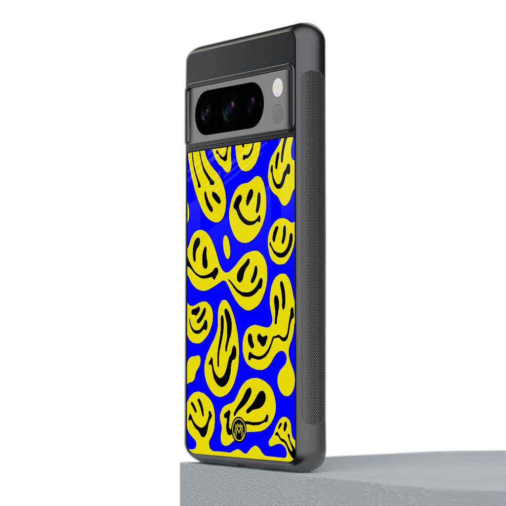 acid smiles yellow blue back phone cover | glass case for google pixel 8 pro