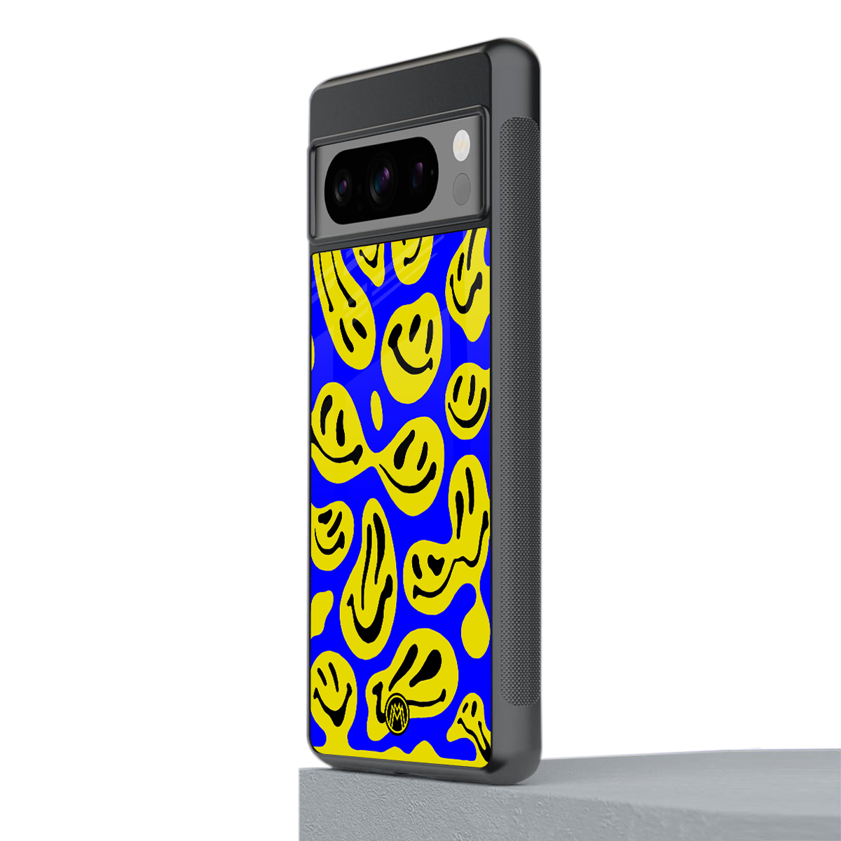 acid smiles yellow blue back phone cover | glass case for google pixel 8 pro
