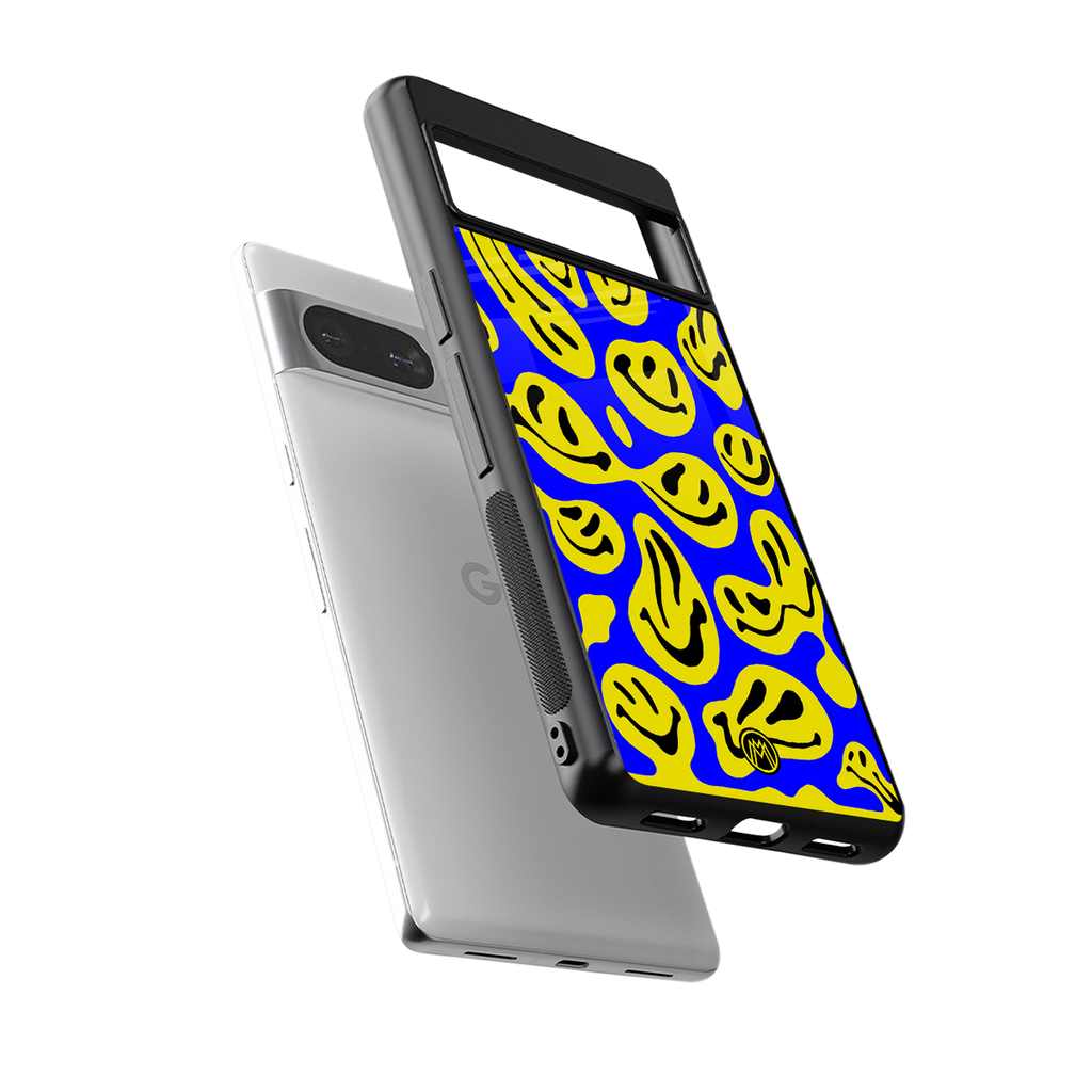 acid smiles yellow blue back phone cover | glass case for Google Pixel 8