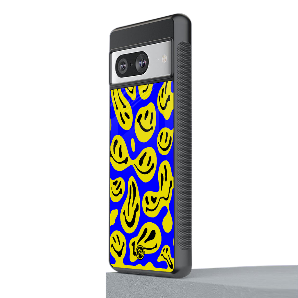 acid smiles yellow blue back phone cover | glass case for Google Pixel 8