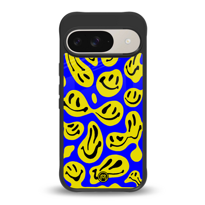 acid smiles yellow blue back phone cover | glass case for google pixel 9