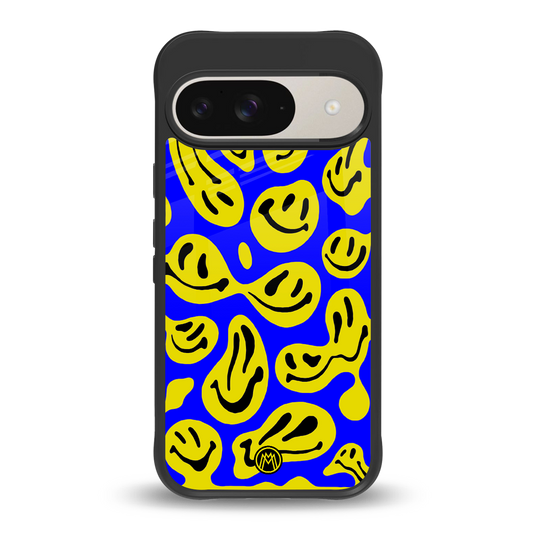 acid smiles yellow blue back phone cover | glass case for google pixel 9