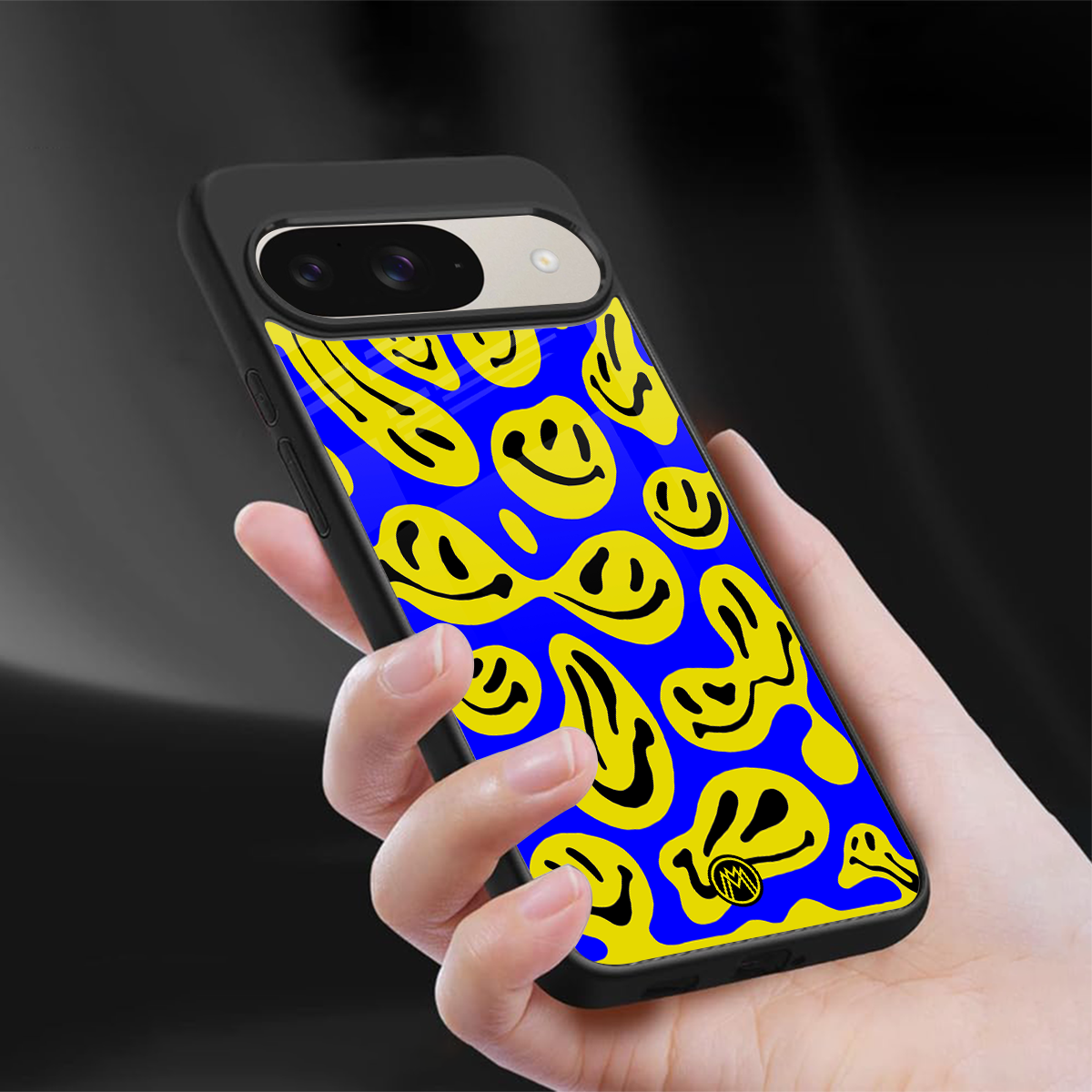 acid smiles yellow blue back phone cover | glass case for google pixel 9