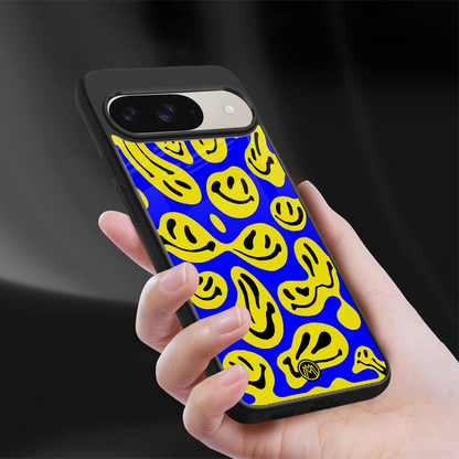 acid smiles yellow blue back phone cover | glass case for google pixel 9