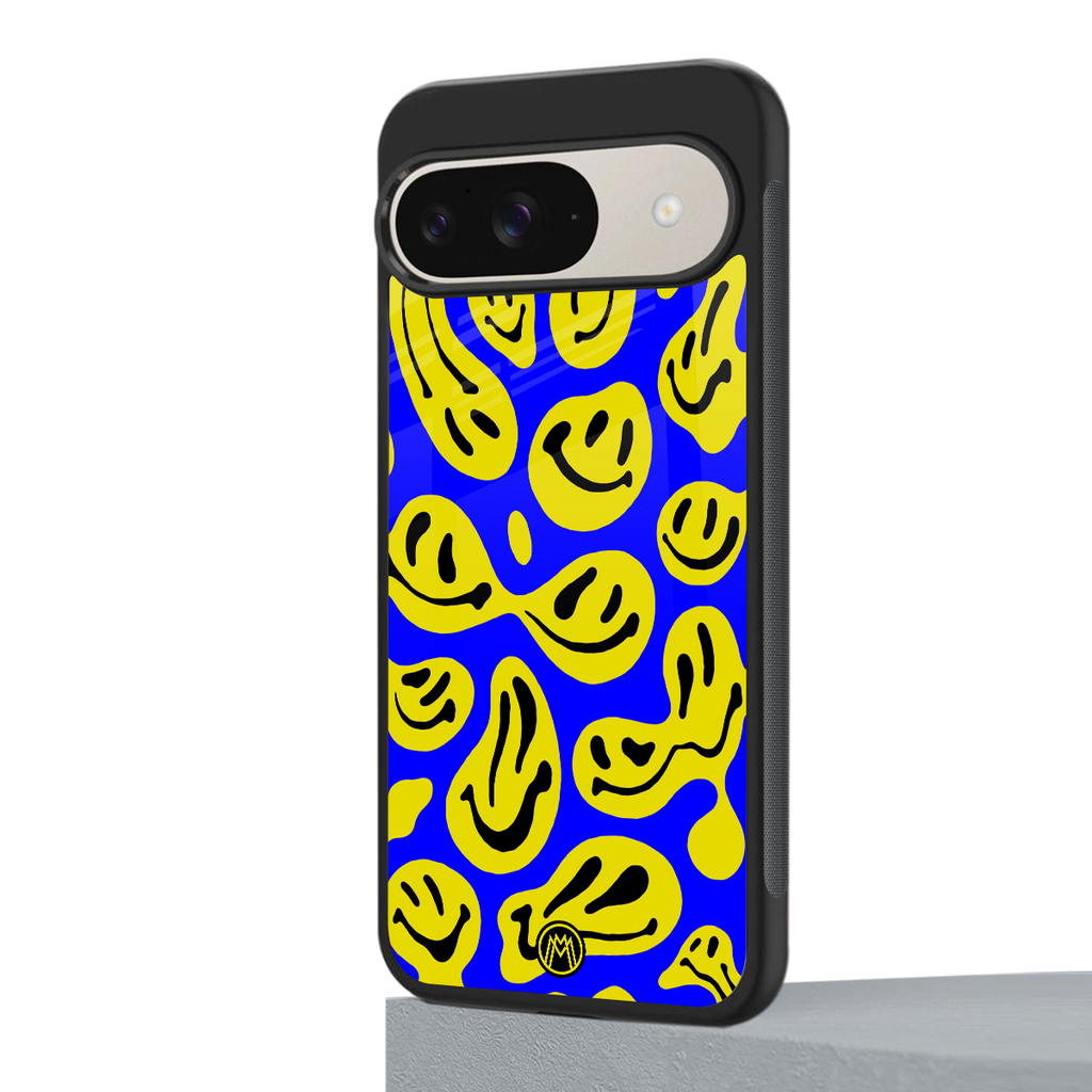 acid smiles yellow blue back phone cover | glass case for google pixel 9