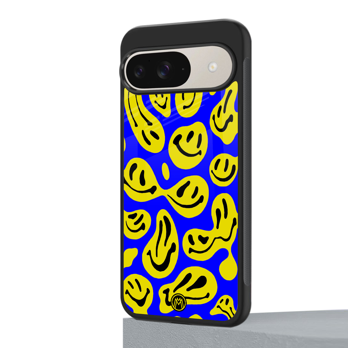 acid smiles yellow blue back phone cover | glass case for google pixel 9