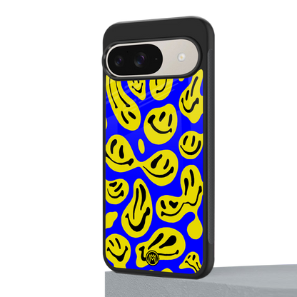 acid smiles yellow blue back phone cover | glass case for google pixel 9