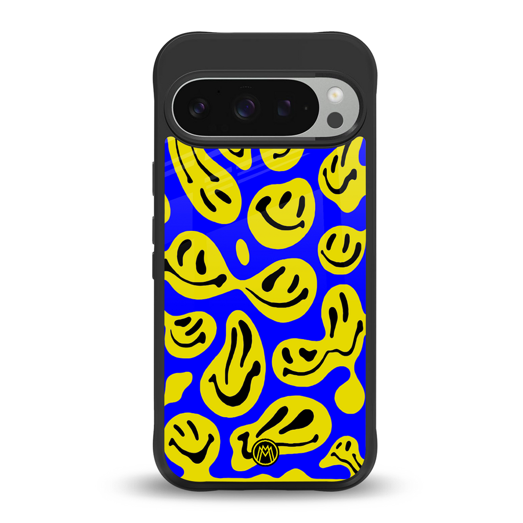 acid smiles yellow blue back phone cover | glass case for google pixel 9 pro