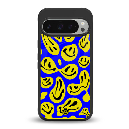 acid smiles yellow blue back phone cover | glass case for google pixel 9 pro xl