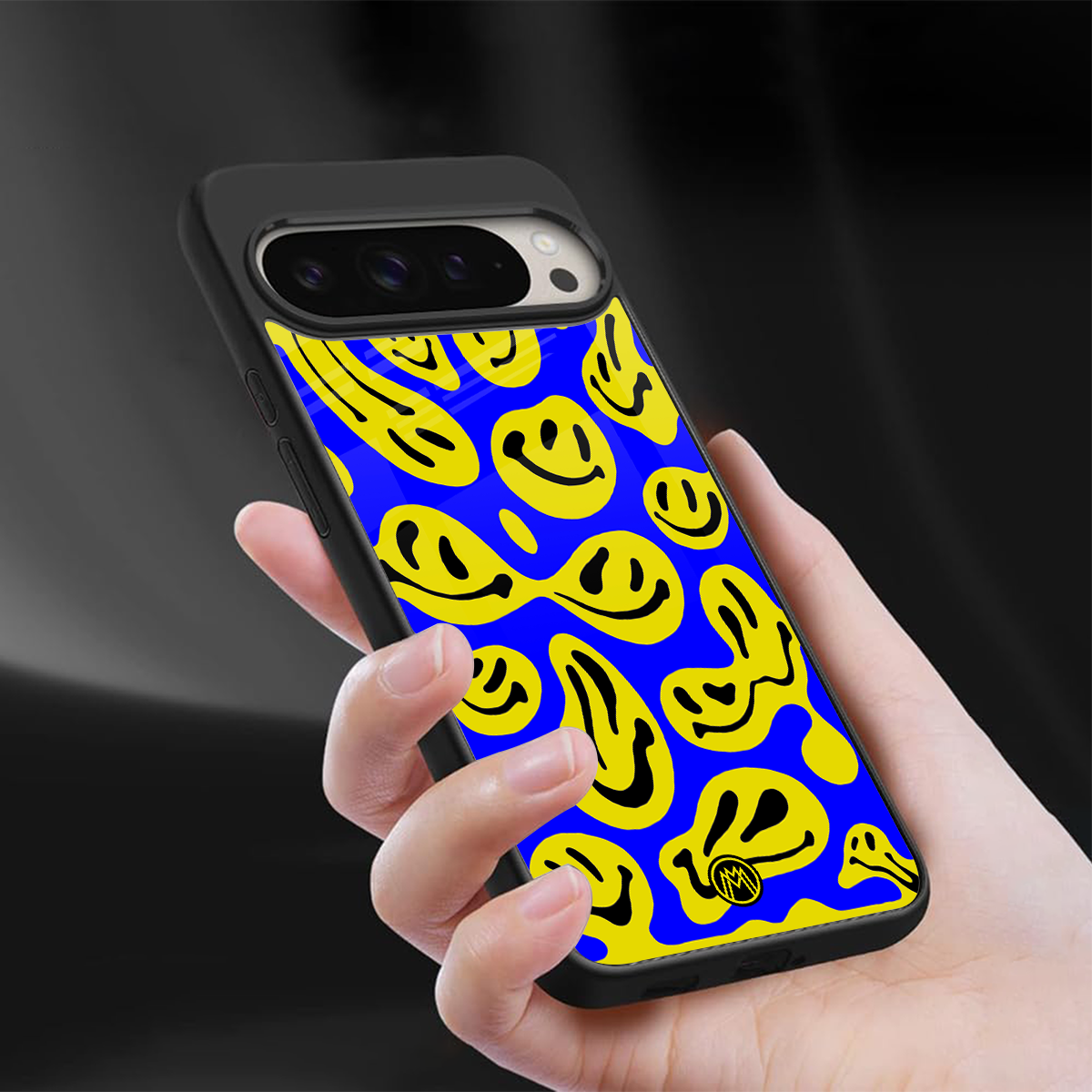 acid smiles yellow blue back phone cover | glass case for google pixel 9 pro xl