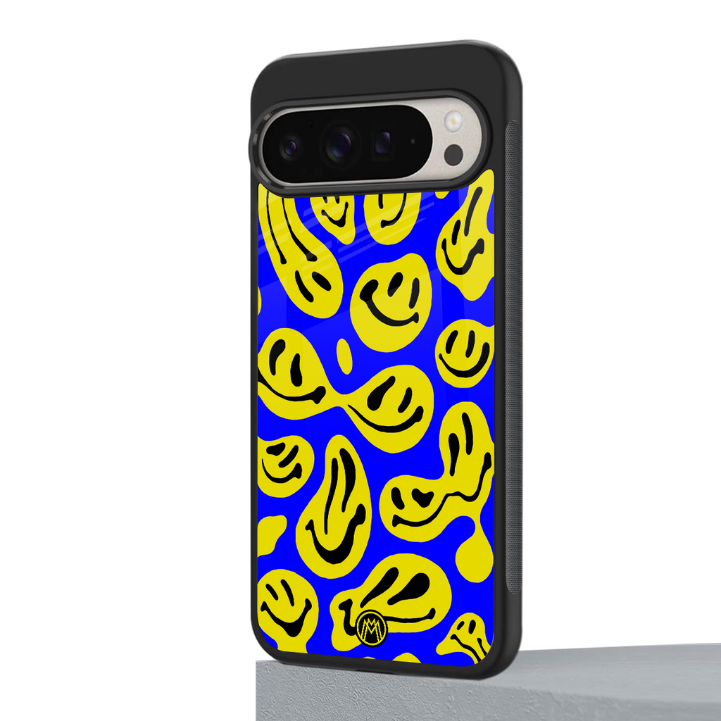 acid smiles yellow blue back phone cover | glass case for google pixel 9 pro