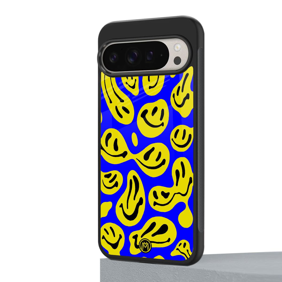 acid smiles yellow blue back phone cover | glass case for google pixel 9 pro xl