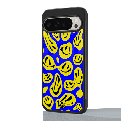 acid smiles yellow blue back phone cover | glass case for google pixel 9 pro xl