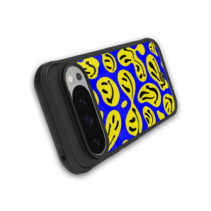 acid smiles yellow blue back phone cover | glass case for google pixel 9 pro xl