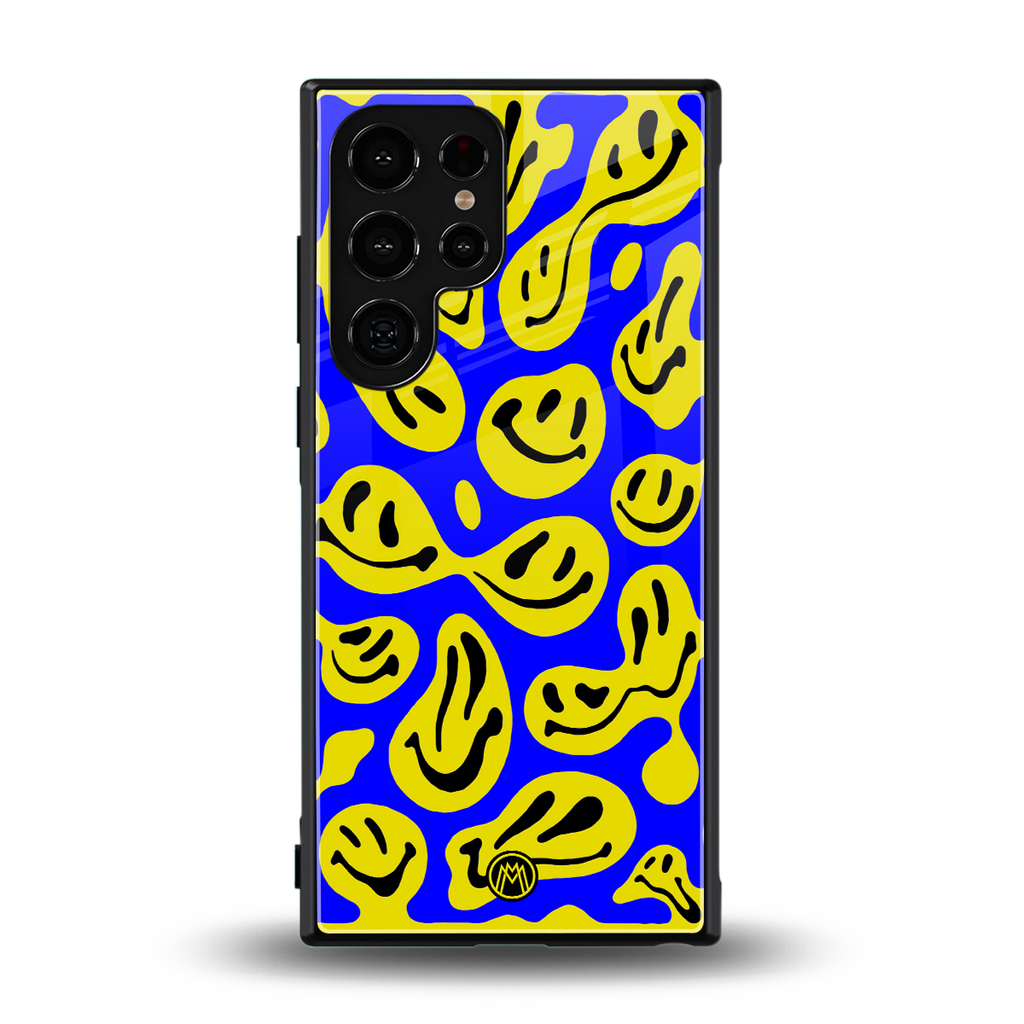 acid smiles yellow blue back phone cover | glass case for samsung galaxy s23 ultra