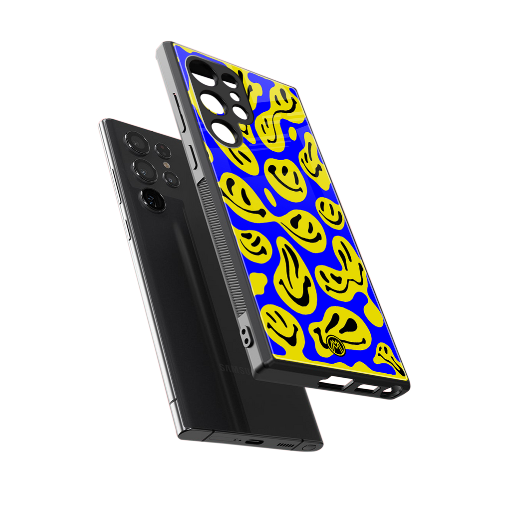acid smiles yellow blue back phone cover | glass case for samsung galaxy s23 ultra