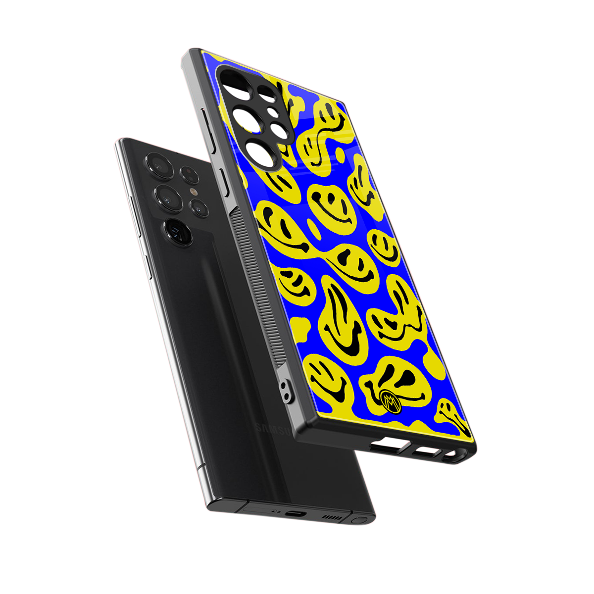 acid smiles yellow blue back phone cover | glass case for samsung galaxy s23 ultra