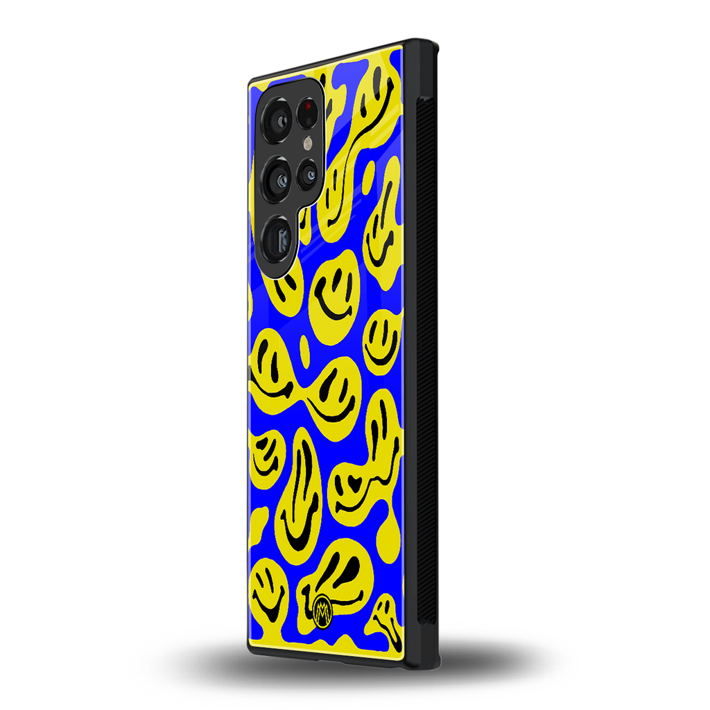 acid smiles yellow blue back phone cover | glass case for samsung galaxy s23 ultra