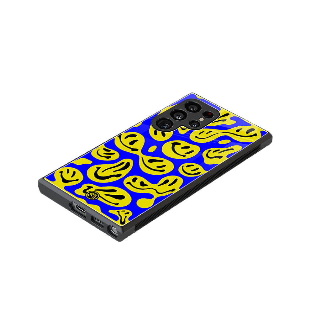 acid smiles yellow blue back phone cover | glass case for samsung galaxy s23 ultra