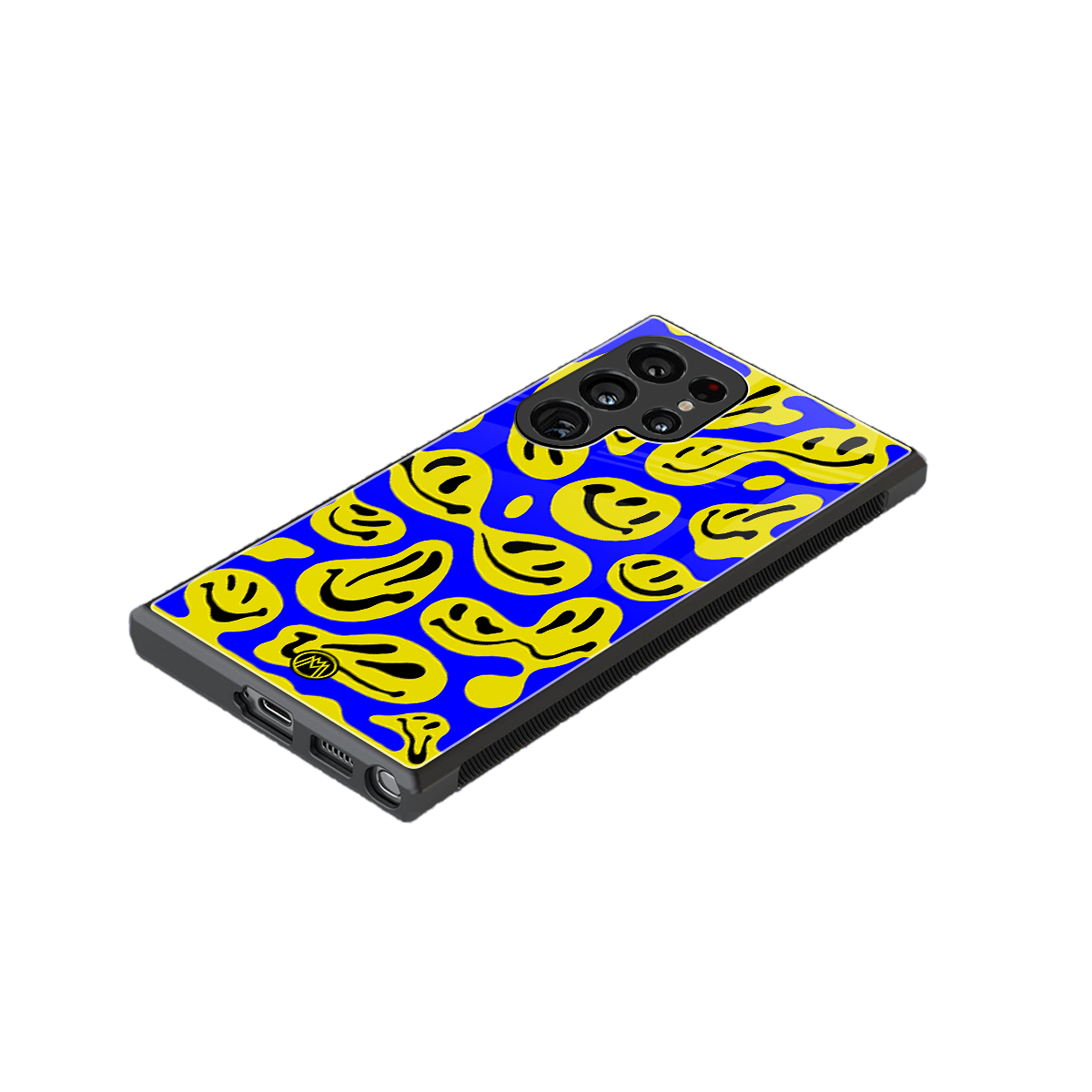 acid smiles yellow blue back phone cover | glass case for samsung galaxy s23 ultra
