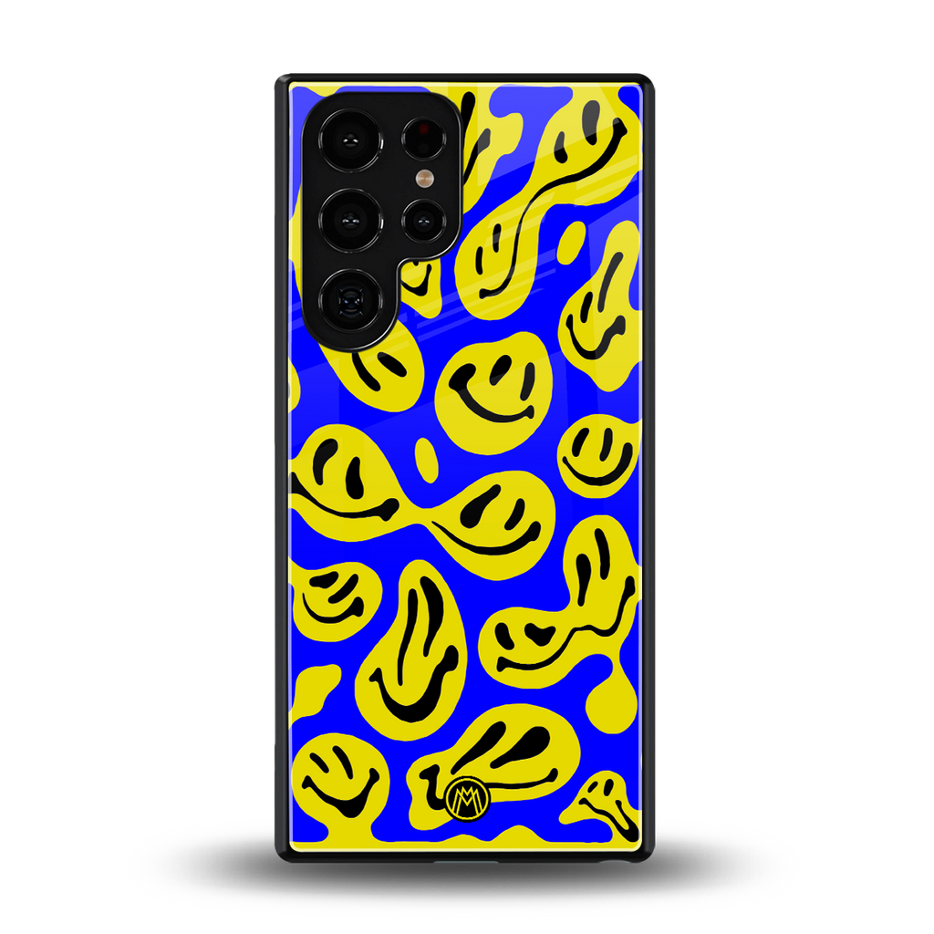 acid smiles yellow blue back phone cover | glass case for samsung galaxy s25 ultra