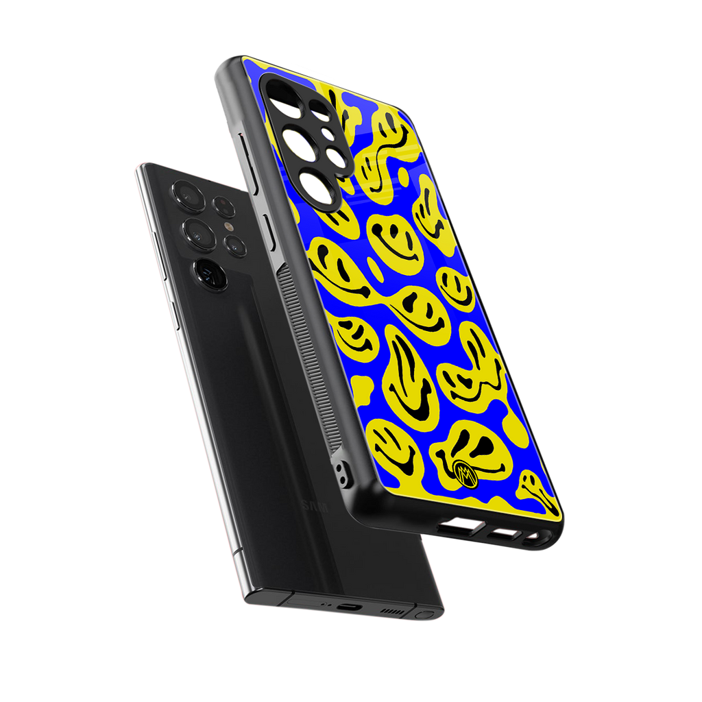 acid smiles yellow blue back phone cover | glass case for samsung galaxy s25 ultra