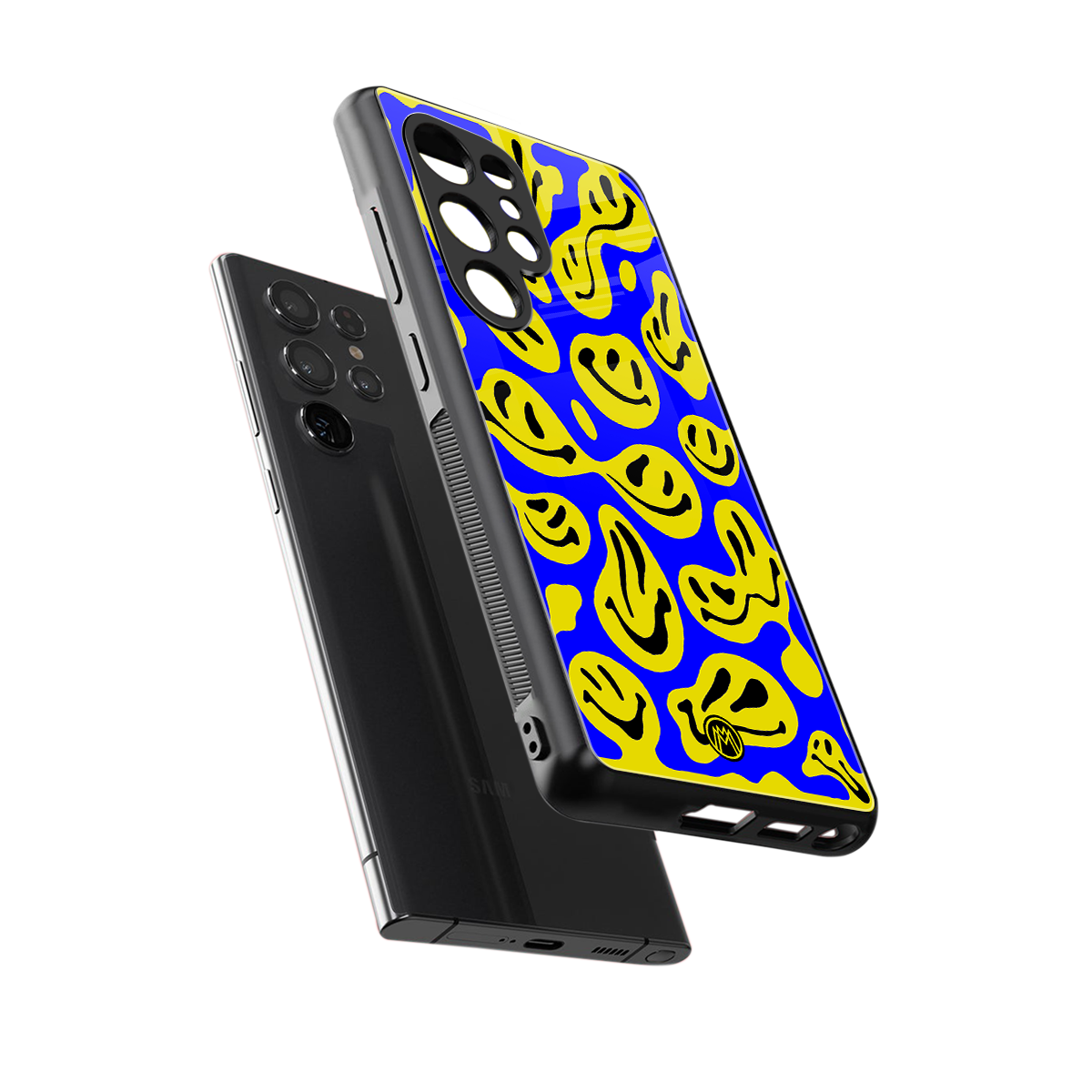 acid smiles yellow blue back phone cover | glass case for samsung galaxy s25 ultra